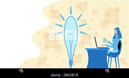 Donna di affari che lavora per una nuova idea con un'icona del bulp. Tutti gli oggetti, le ombre e lo sfondo sono in livelli diversi. Illustrazione Vettoriale
