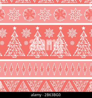 Vettore rosso bianco bianco neve luccicante alberi di Natale ripetere modello con file di stelle e forme geometriche. Adatto per tessuti, gift wrap e. Illustrazione Vettoriale