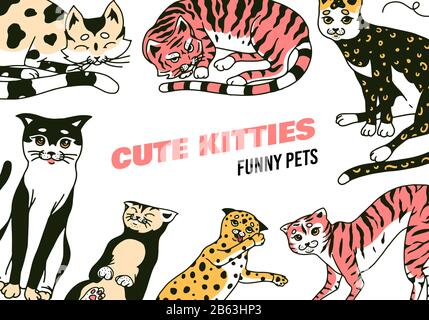 Gatti sfondo. Simpatico poster divertente del gattino Domestico. Lavare, giocare e dormire animali. Banner di schizzo inciso disegnato a mano. Vettore Monocromatico Illustrazione Vettoriale