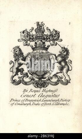 Stemma e stemma di HRH Ernest Augustus, Principe di Brunswick Luneburg, Vescovo di Osnaburgh, Duca di York e Albany. Incisione su copperplate di Andrew Johnston dopo C. Gardiner da Notitia Anglicana, Che Spiega Le Conquiste di tutta La Nobiltà inglese, Andrew Johnson, The Strand, Londra, 1724. Foto Stock