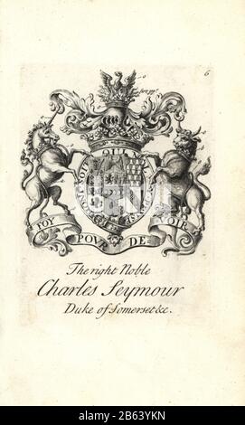 Stemma e stemma del nobile destro Carlo Seymour, 6th Duca di Somerset, 1662-1748. Incisione su copperplate di Andrew Johnston dopo C. Gardiner da Notitia Anglicana, Che Spiega Le Conquiste di tutta La Nobiltà inglese, Andrew Johnson, The Strand, Londra, 1724. Foto Stock