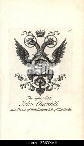 Stemma e cresta con aquila a doppia testa del nobile destro Giovanni Churchill, Principe di Mindelheim e 1st Duca di Marlborough, 1650-1722. Incisione su copperplate di Andrew Johnston dopo C. Gardiner da Notitia Anglicana, Che Spiega Le Conquiste di tutta La Nobiltà inglese, Andrew Johnson, The Strand, Londra, 1724. Foto Stock