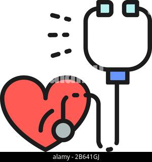 Stetoscopio con cuore, battito cardiaco, icona della linea di colore piatta per il settore sanitario. Illustrazione Vettoriale