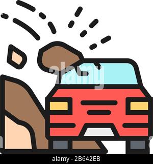 Frane, incidente sull'autostrada, pietre crollate sull'icona della linea di colore piatta dell'auto. Illustrazione Vettoriale