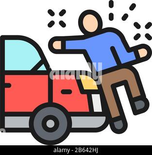 L'auto bussa a un uomo, schiantando l'icona della linea di colore piatta. Illustrazione Vettoriale
