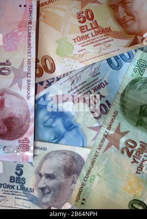 Diverse Banconote Di Lira Turca, Turchia Foto Stock