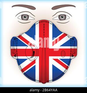 Maschera antivirale per la protezione antivirus con bandiera del Regno Unito, illustrazione vettoriale Illustrazione Vettoriale