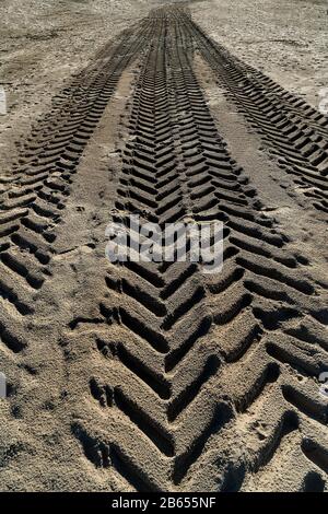 le tracce lasciate da un veicolo sulla sabbia Foto Stock