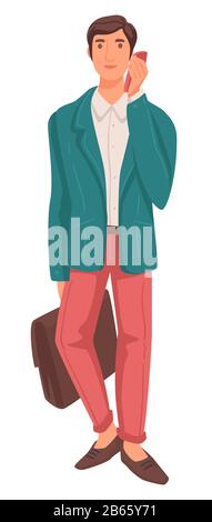 Uomo adulto in tuta parlare per telefono, uomo d'affari con valigetta Illustrazione Vettoriale