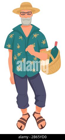 Vecchio vestito d'estate con cesto di vimini, personaggio isolato Illustrazione Vettoriale