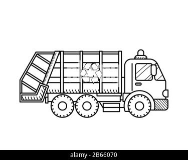 Icona veicolo per raccolta rifiuti isolata su sfondo bianco. Concetto educativo per colorare pagina del libro per i capretti Illustrazione Vettoriale