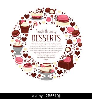 Striscione o emblema per dessert, torte e cupcake, macaroni e lecca-lecca Illustrazione Vettoriale