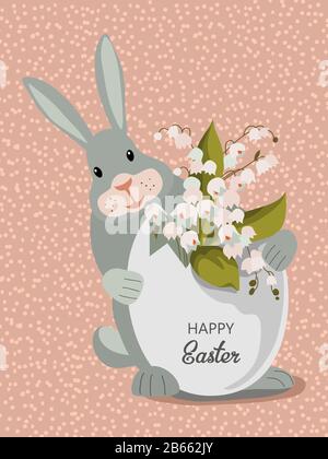 Cute coniglio grigio con fiori giglio della valle in guscio d'uovo, lepre e bouquet di maggio-giglio in uovo su uno sfondo rosa. Illustrazione del vettore molla Illustrazione Vettoriale
