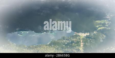 Illustrazione acquerello: Panoramica del lago Eibsee vicino Garmisch-Partenkirchen in Baviera da Zugspitze Foto Stock