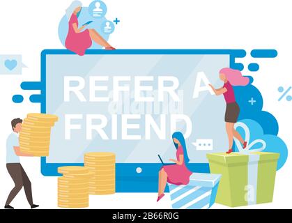 Fare riferimento a un amico bonus flat vettore illustrazione. Strategia di attrazione per i clienti. SMM, strumento di marketing digitale. Programmi di rinvio concetto cartoon isolato Illustrazione Vettoriale