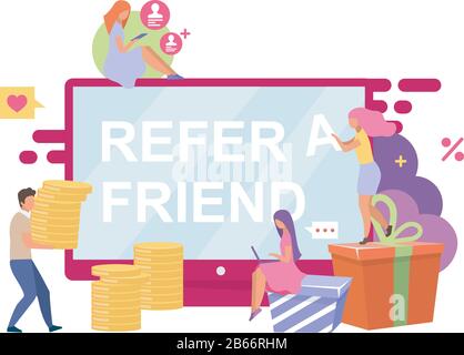 Illustrazione vettore piatto clienti riferiti. Segnala un amico concetto di fumetto isolato su sfondo bianco. Programma di rinvio, bonus, premi Illustrazione Vettoriale