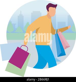 Uomo che fa shopping piatto concetto icona vettoriale. Ragazzo sbrigati con l'adesivo borse acquisti, clipart. Shopaholic, cliente, personaggio cartoon acquirente Illustrazione Vettoriale