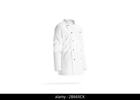 Giacca bianca bianca bianca da chef con bottoni mock up, vista laterale Foto Stock