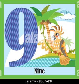 Cartoncini vettoriali con numeri di animali, numero 9. Immagine cartoon colorata del numero 9 e del personaggio vettore pappagallo. Colori luminosi zoo wildli Illustrazione Vettoriale