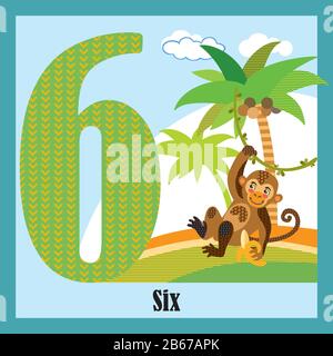 Cartoncini vettoriali con numeri di animali, numero 6. Illustrazione colorata del cartone animato numero 6 e personaggio vettoriale di scimmia. Colori luminosi zoo wildli Illustrazione Vettoriale