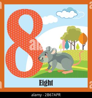 Cartoncini vettoriali con numeri di animali, numero 8. Immagine cartoon colorata del numero 8 e del carattere vettoriale del mouse. Colori luminosi zoo willif Illustrazione Vettoriale