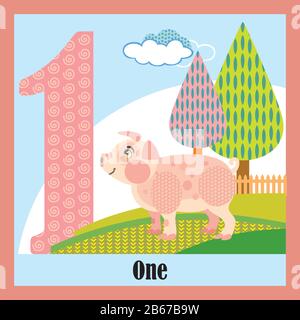 Cartoncini vettoriali con numeri di animali, numero 1. Immagine cartoon colorata del numero 1 e carattere vettore di maiale. Colori luminosi zoo fauna selvatica Illustrazione Vettoriale