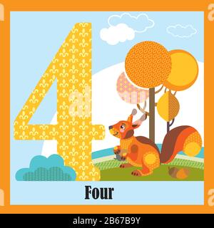 Cartoncini vettoriali con numeri di animali, numero 4. Immagine cartoon colorata del numero 4 e carattere vettore scoiattolo. Colori luminosi zoo selvaggio Illustrazione Vettoriale