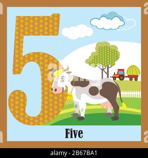 Cartoncini vettoriali con numeri di animali, numero 5. Immagine cartoon colorata del numero 5 e del vettore vacca. Colori luminosi zoo fauna selvatica Illustrazione Vettoriale