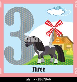 Cartoncini vettoriali con numeri di animali, numero 3. Immagine cartoon colorata del numero 3 e carattere vettoriale pony. Colori luminosi zoo fauna selvatica Illustrazione Vettoriale