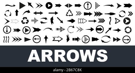 Frecce grandi icone nere. Icona freccia. Raccolta vettore freccia. Freccia. Cursore. Frecce semplici e moderne. Illustrazione del vettore. Illustrazione Vettoriale