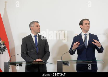 Vienna, Austria. 10th Mar, 2020. Conferenza stampa, ulteriori misure sul virus corona nella Cancelleria federale di Vienna con il Cancelliere federale (R) Sebastian Kurz e il Ministro degli interni (L) Karl Nehammer. Credito: Franz Perc / Alamy Live News Foto Stock