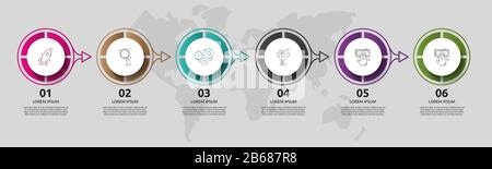 Infografica del cerchio del modello vettoriale. Concetto aziendale con 6 frecce ed etichette. Sei passaggi per contenuti, grafici, diagrammi, presentazioni Illustrazione Vettoriale