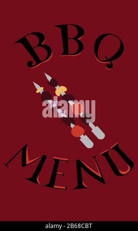 Menu barbecue. Kebab su sfondo rosso. Lettere. Design per menu, volantino, biglietto da visita e pubblicità. Illustrazione Vettoriale