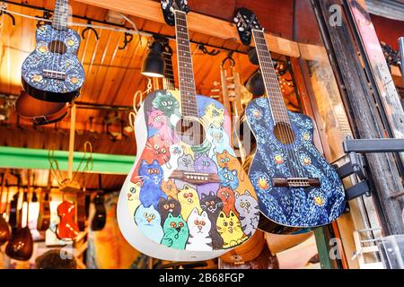 Settembre 2017, ISTANBUL, TURCHIA: Negozio di musica per chitarra con insoliti strumenti classici dipinti Foto Stock