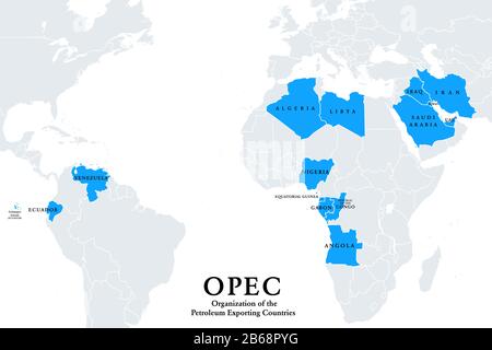 stati membri dell'OPEC, carta politica. Organizzazione Dei Paesi Esportatori di petrolio, organizzazione di 14 nazioni, dando una grande influenza sul prezzo del petrolio. Foto Stock