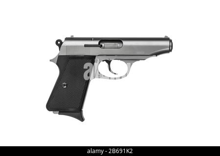 Piccola pistola moderna in argento nero. Pistola da donna. Armi per indossare nascosto.Gun isolato su uno sfondo bianco. Foto Stock