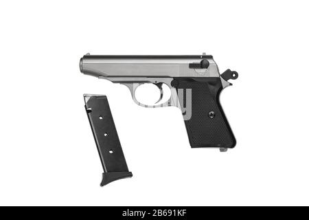 Piccola pistola moderna in argento nero. Pistola da donna. Armi per indossare nascosto.Gun isolato su uno sfondo bianco. Foto Stock