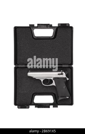 Piccola pistola moderna in argento nero. Pistola da donna. Armi per indossare nascosto.Gun isolato su uno sfondo bianco. Foto Stock
