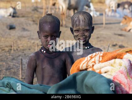 I ragazzi della tribù Mundari erano coperti di cenere per respingere mosche e zanzare in un campo di bestiame, Equatoria Centrale, Terekeka, Sudan del Sud Foto Stock