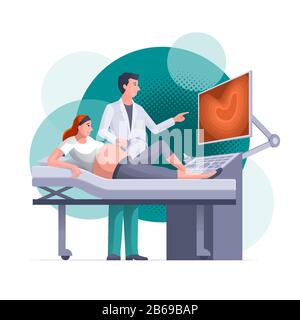 Donna in gravidanza che ottiene la scansione ecografica da ostetricia in clinica. Illustrazione Vettoriale