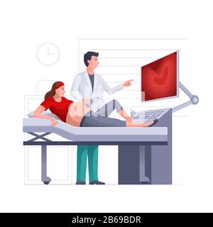 Donna in gravidanza che ottiene la scansione ecografica da ostetricia in clinica Illustrazione Vettoriale