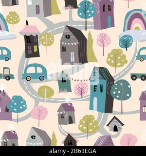 Modello senza cuciture con carino piccolo villaggio in stile cartone animato Illustrazione Vettoriale