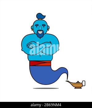 Genie blu dalla lampada, personaggio cartoon, in piedi con le braccia incrociate. Il genie compirà ogni tre desideri. Illustrazione, poster per childre Illustrazione Vettoriale