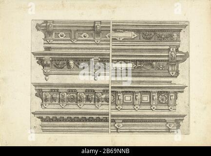 Otto hoofdgestellen differents pourtraicts i menuiseri (titolo della serie) Tre entablatures con un fregio decorato con triglifi e metopi. Pagina 11 di 15 pagine numerate + copertina di una serie di 16. Produttore : stampatore Pieter van der Borcht (i) Designed by Hans Vredeman de Vries Editore: Philips Gall Place prodotto: Olanda (possibile) Data: Circa 1583 Materiale: Paper Engineering : dimensioni di incisione: Bordo della lastra: H 190 mm × W 263 mm Foto Stock