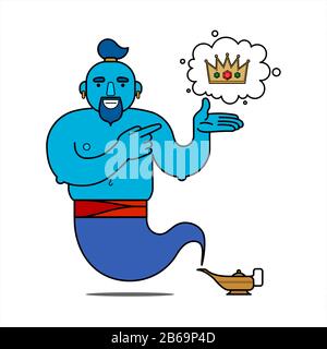 Genie blu dalla lampada, personaggio cartone animato. Il desiderio di avere potere. Il genie compirà ogni tre desideri. La corona è un simbolo di potenza. Illust Illustrazione Vettoriale