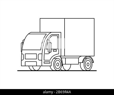 Contorno, contorno vettore stilizzato piccolo camion. Carrello per pagina libro da colorare. Illustrazione per bambini, logo. Illustrazione Vettoriale