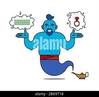 Genie blu dalla lampada, personaggio cartone animato. Il desiderio di essere ricchi. Il genie soddisferà facilmente tutti e tre i desideri. Banconota, anello - simboli di ricchezza Illustrazione Vettoriale