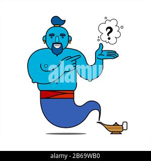 Genie blu dalla lampada, personaggio cartone animato. Che desiderio fate? Il genie compirà ogni tre desideri. Punto interrogativo. Illustrazione, poster, IS Illustrazione Vettoriale