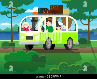 Viaggio in famiglia su minivan; guida padre, madre, bambini; vacanza in natura. Happy Cartoon persone bambini in un minivan retrò. Viaggio su strada, vacanza estiva Illustrazione Vettoriale