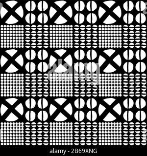 Tracciato vettoriale uniforme geometrico bianco e nero di cerchi incrociati disegnati a mano. Per decorazioni, tessuti, tessuti, tappeti, carta da parati, piastrelle in ceramica, incarti Illustrazione Vettoriale